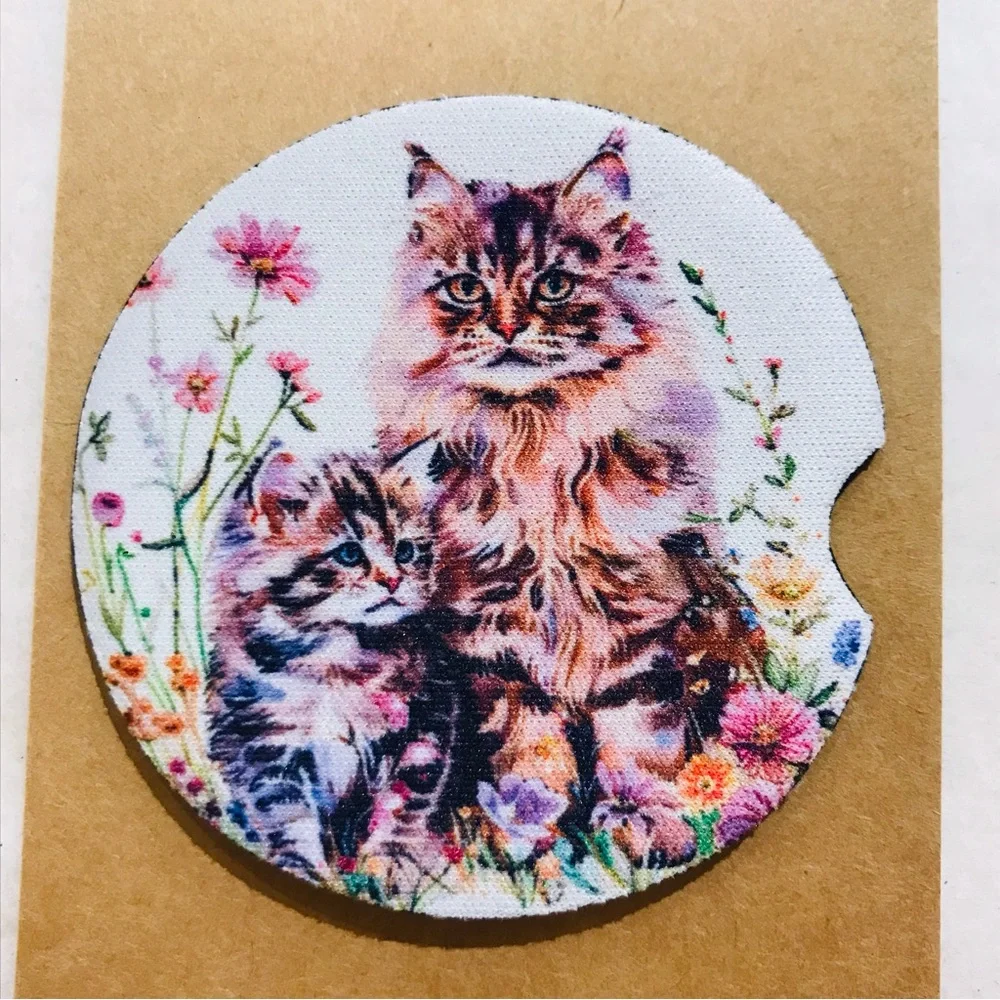 Charming Longhair Cat Car Coasters Set - Floral Design